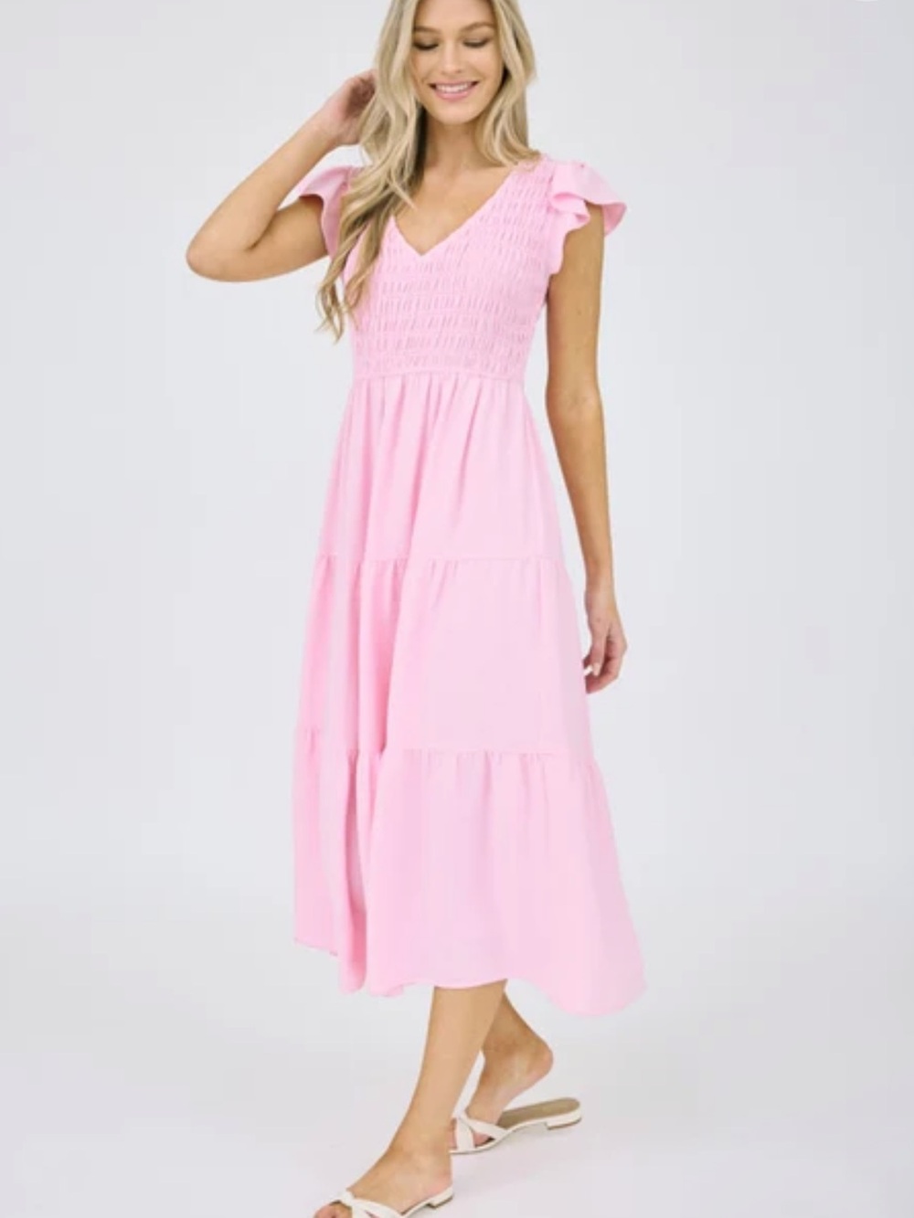 Blu Pepper Pink Midi Dress with Ruffle Cap Sleeves